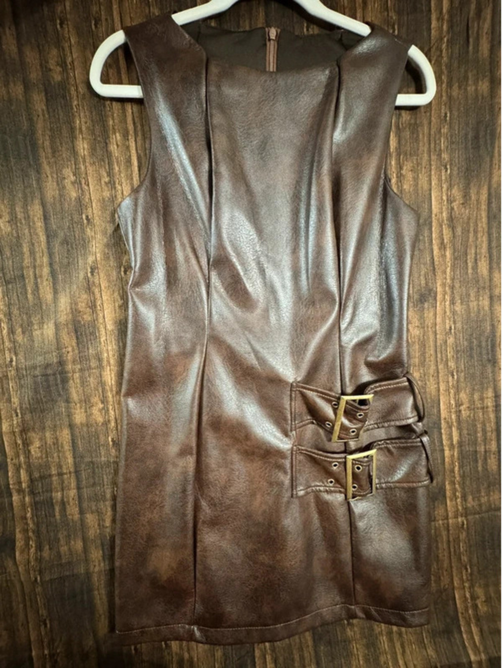 SHEIN Brown Faux Leather Mini Dress with Buckle Detail, Size Petite L